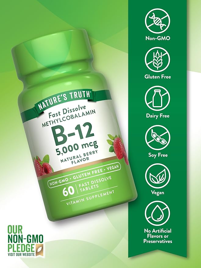 Nature's Truth B12 Vitamin 5000 mcg | 60 Tablets | Fast Dissolve Natural Berry Flavor | Vegan, Non-GMO & Gluten Free Supplement