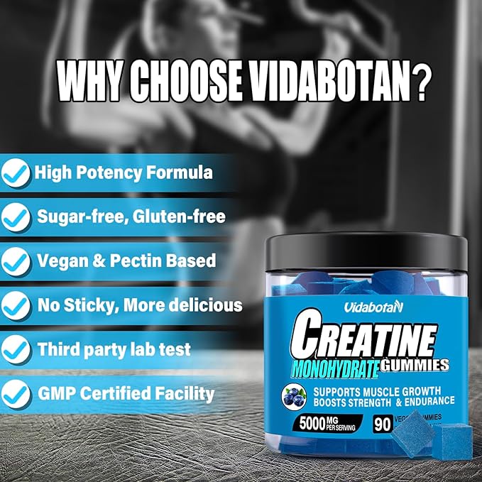Sugar Free Creatine Monohydrate Gummies for Men & Women-5g of Creatine Monohydrate per Serving for Muscle Mass,Vegan,Blueberry Flavor, 90 Count