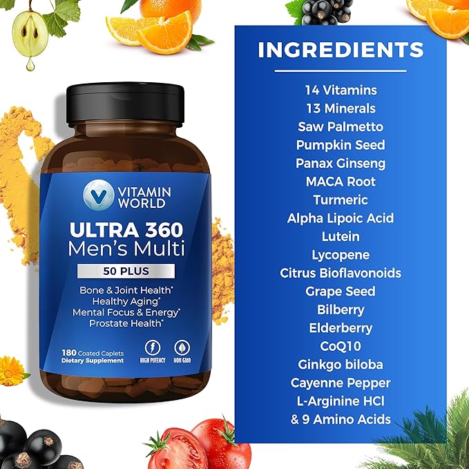Vitamin World Ultra 360 Multivitamin for Men 50 Plus, Men's 50+ Multivitamin with Minerals & Herbs for Prostate Function, Supplement with Vitamin A, C, D, E & Zinc for Healthy Aging, 180 Caplets