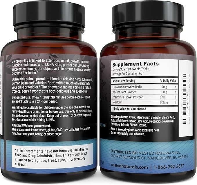 Nested Naturals Luna Kids Sleep Supplement - for Children & Melatonin Sensitive Adults - Gentle Herbal Supplement with Chamomile, Melatonin, & Valerian - 180 Chewable Tablets (60 Per Bottle)