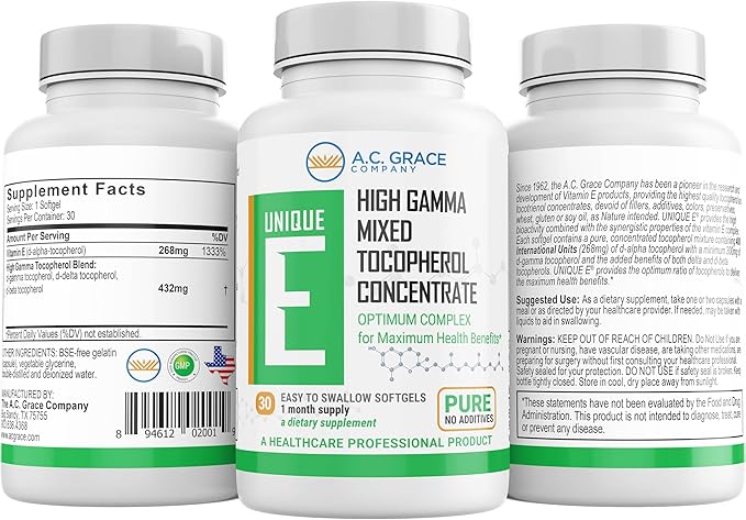 UNIQUE E A.C. Grace Company Mixed Tocopherols Concentrate Softgel 30 Count and Tocotrienols Tocopherol-Free Softgels 60 Count