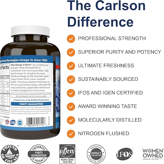 Carlson - Elite Omega-3 Gems, 1600 mg Omega-3 Fatty Acids Including EPA and DHA, Norwegian Fish Oil Supplement, Wild Caught, Sustainably Sourced Capsules, Lemon, 90+30 Softgels
