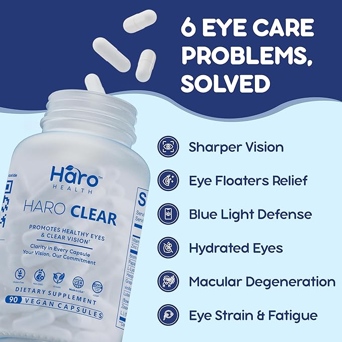 Lutein Supplement, HARO Clear AREDS 2 Eye Vitamin & Mineral Supplement, Contains Lutein and Zeaxanthin - Eye Strain and Blue Light Defense (90 Vegan Capsules)