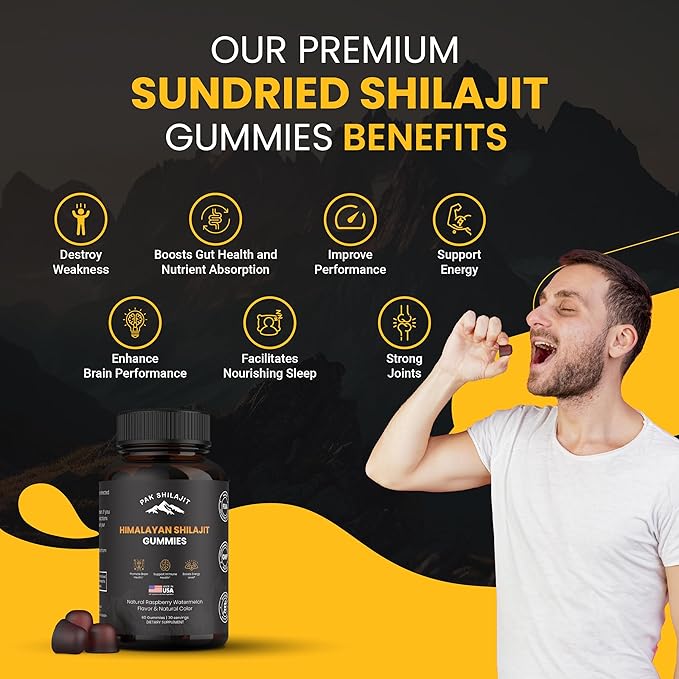 Pure Sundried Himalayan Shilajit Gummies for Men & Women | Organic Shilajit Gummies | Natural 85 Plus Trace Minerals Fulvic Acid | Energy, Immunity | Sugar-Free 60 Healthy Gummies