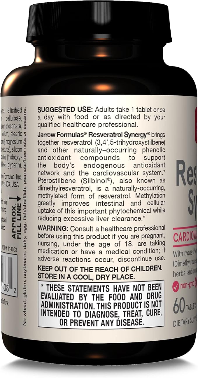 Jarrow Formulas® Resveratrol Synergy® 200 mg, Dietary Supplement, Heart Support, 60 Tablets, 60 Day Supply