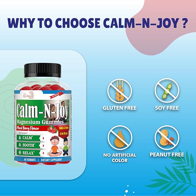 Magnesium Citrate Supplement for Kids & Teens, Anti-Stress Calm Magnesium Gummies Support Relaxed Muscles, Sleep, Bone Health, Gluten Free, Low Sugar 60 Ct