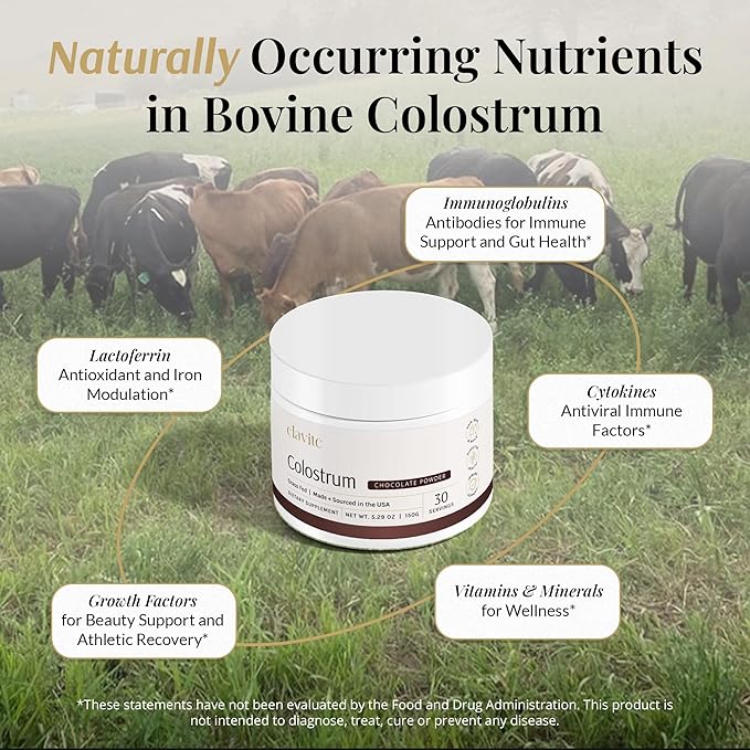 Bovine Colostrum Powder (Chocolate) Grass Fed Colostrum Supplement for Gut Health, Immune Support Healthy Hair, Skin & Nails - 30 Servings