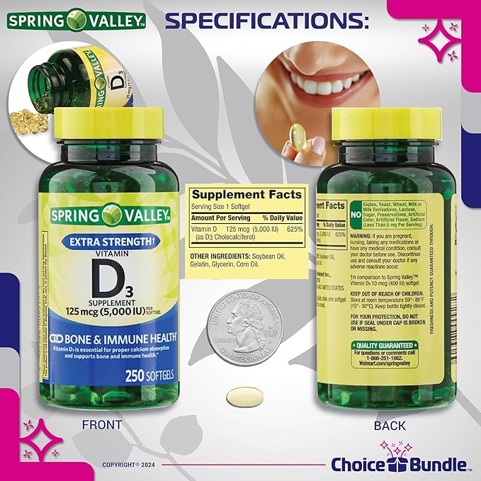 Spring Valley Vitamin D3 Softgels 125 mcg per Soft Gel 5,000 IU 250 Ct 4 pk (1000 Total) + Vitamin Guide & Pill Container (6 Items)!
