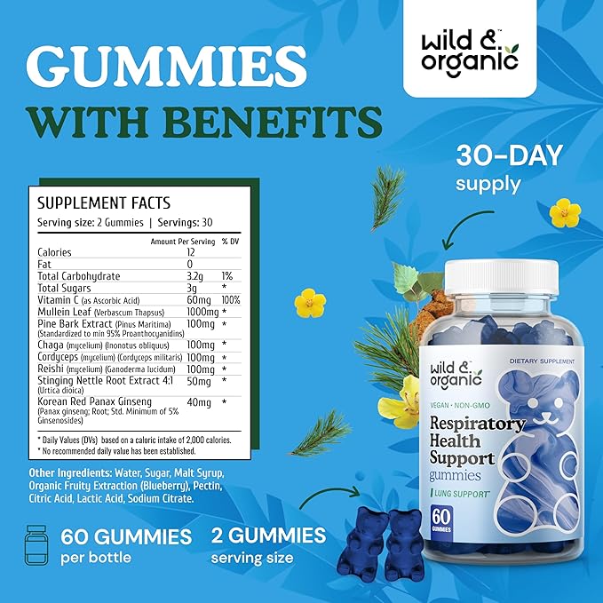 Wild & Organic Lung Detox Gummies - 1000 mg Mullein Gummies for Lungs Cleanse - Natural Supplements with Mullein Leaf Extract and Mushroom Blend - 60 Vegan, Non-GMO Chews