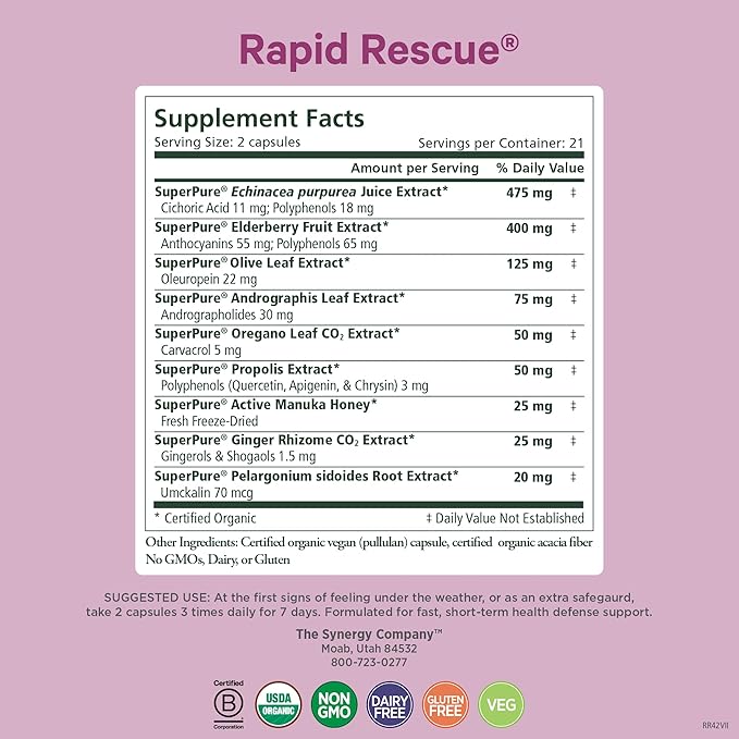 PURE SYNERGY Rapid Rescue | Organic Immune Support Capsules | Herbal Supplement with Echinacea, Elderberry, and Olive Leaf Extracts | for Immediate Immune Support (42 Capsules)