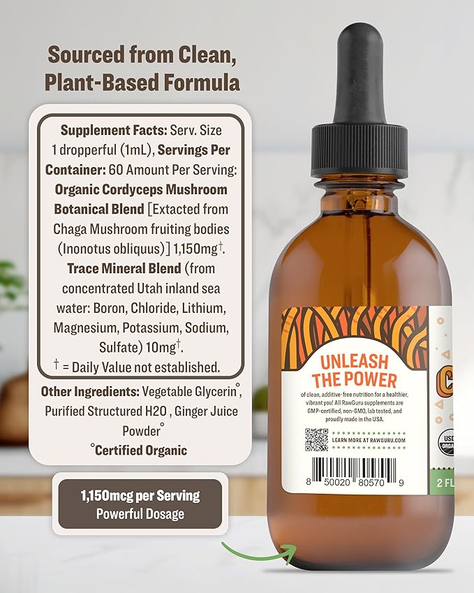 RawGuru Cordyceps Mushroom Supplement - Vegan Cordyceps Extract with Trace Minerals - Nano-Processed Immunity Boost & Cognitive Supplement Tincture - 60 Servings of Vegan Drops per 60 ml, Pack of 1