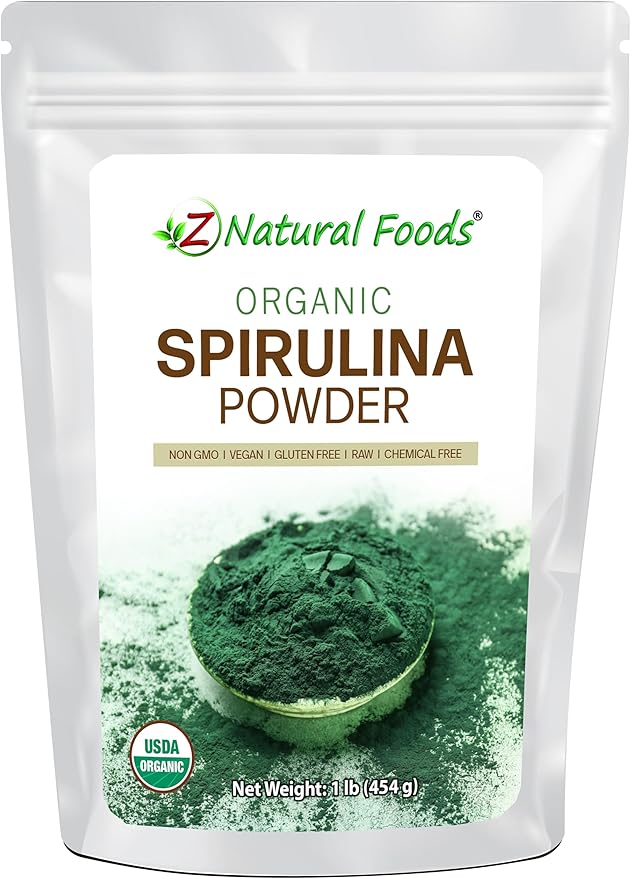 Z Natural Foods Organic Spirulina Powder - 100% Pure Spirulina, Nutrient-Dense Blue-Green Algae Superfood with Amino Acids, 15x Beta-Carotene - Mix in Smoothies, Yogurt, Recipes, 1 lb