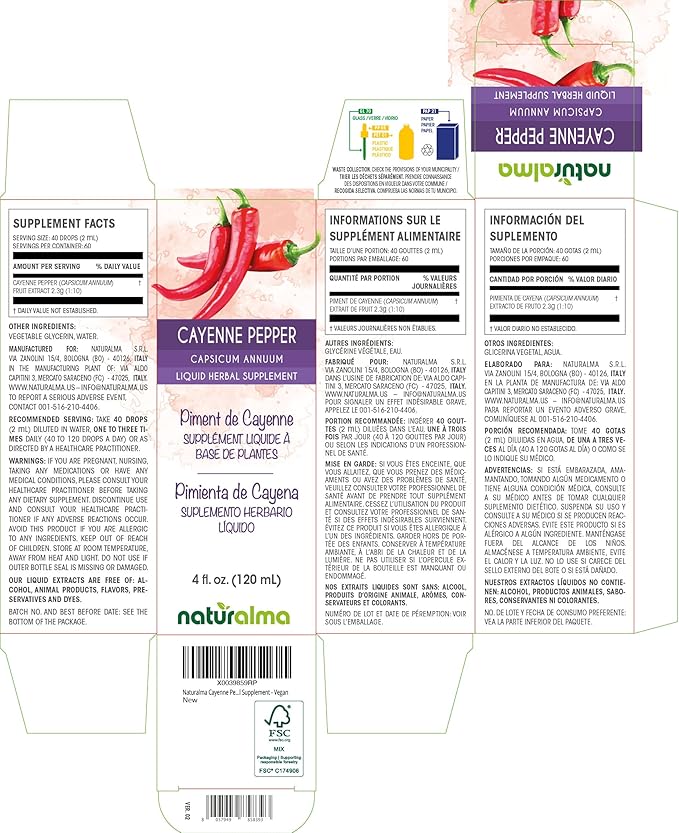 Naturalma Cayenne Pepper (Capsicum annuum) Fruit Alcohol-Free Tincture - 4 fl oz Liquid Extract in Drops - Herbal Supplement - Vegan