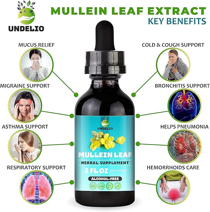 Undelio's Herbal Mullein Leaf Extract - Organic & Alcohol-Free Tincture for Respiratory, Lung, Sleep & Digestive Support - Non-GMO, Vegan - 2 fl. Oz for Immune Health & Lung Detox