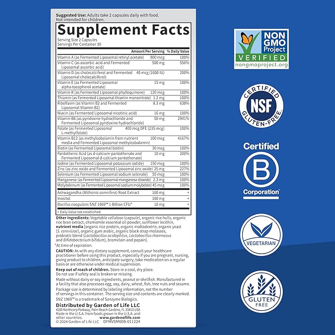 Garden of Life Dr. Formulated Multi+ Stress & Mood, Fermented Liposomal Multivitamin + Ashwagandha, B Vitamins & Probiotics - 60 Capsules, Whole Food Vitamin & Mineral Supplement