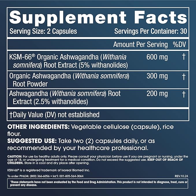 ProHealth Ashwagandha Supplement 60 Capsules, Organic Root Extract & Powder, Ashwagandha for Women & Men, Supports Stress & Sleep