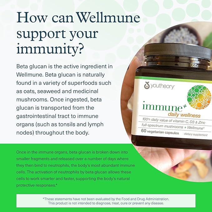 Youtheory Immune+ Daily Wellness - Vegetarian Immune Support Supplement with Vitamin C, Vitamin D3 & Zinc* - Mushroom Supplement with Turkey Tail, Cordyceps & Reishi - 60 Vegetarian Caps