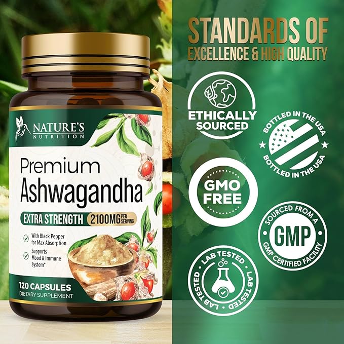 Herbal Ashwagandha 2,100 mg - Extra Strength Unwind, Calm & Relax Support with Black Pepper - Natural Focus & Energy Support - Ashwagandha Powder Supplements - Vegan, Gluten Free - 120 Capsules