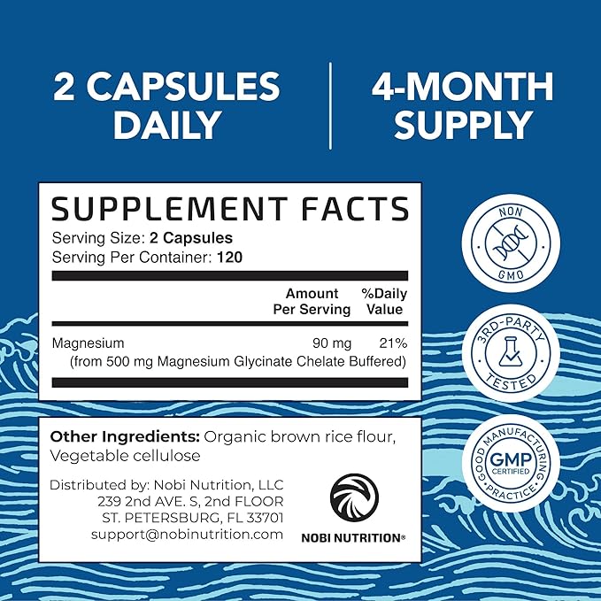 Magnesium Glycinate 500mg | Chelated for High Absorption | Muscle Relaxation, Bones, Heart, Nerve, Sleep & Calm Support for Women & Men | Magnesium Chelate Supplement & Bisglycinate Complex | 240ct