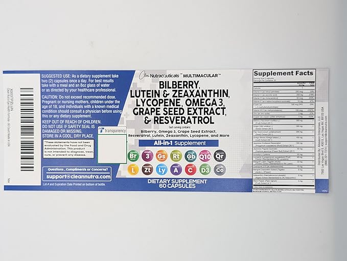 Clean Nutra Eye Vitamins with Bilberry Lutein and Zeaxanthin Supplements Lycopene 40mg Resveratrol Grape Seed Astaxanthin for Eyes - Eye Care Health Support Eye Vitamin and Mineral Supplement