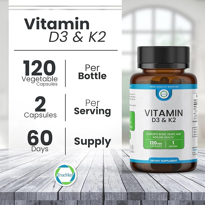 Vitamin D3 & K2 Supplement – High-Potency D3 5000 IU + K2 MK7 – Supports Bone, Heart & Immune Health – Calcium Absorption & Cardiovascular Wellness – 120 Vegan Capsules