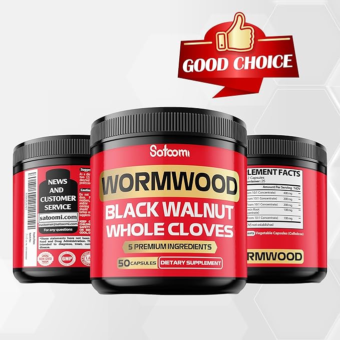 Satoomi [2 Packs - 50 Capsules - 5 in 1 Wormwood Capsules Supplement - Extracted from Black Walnut Whole Cloves Turmeric and Berberine HCl Immune System & Digestion Health