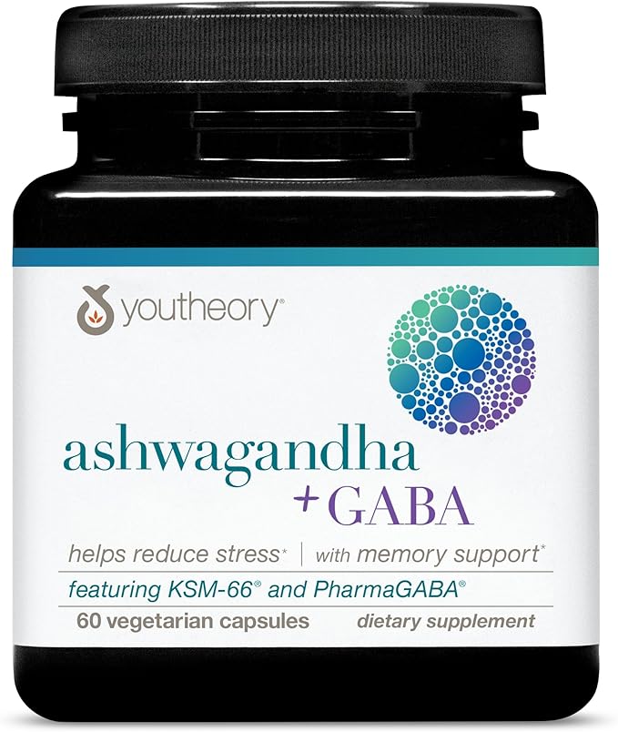 Youtheory Ashwagandha + GABA - Uses KSM-66-1,000 mg Ashwagandha & 100 mg GABA - Cortisol, Stress & Memory Support Supplement - 60 Vegetarian Capsules