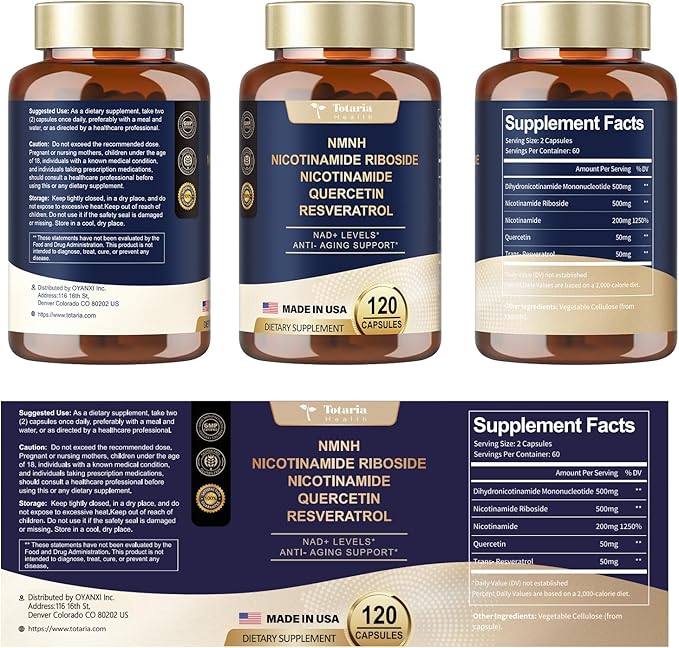 NMNH (Dihydronicotinamide Mononucleotide), NMNH Supplement w/Niacinamide (Vitamin B3), Quercetin, Trans-Resveratrol, Support NAD+, Skin Cell Health*, Anti-Aging & Energy, 120 Caps