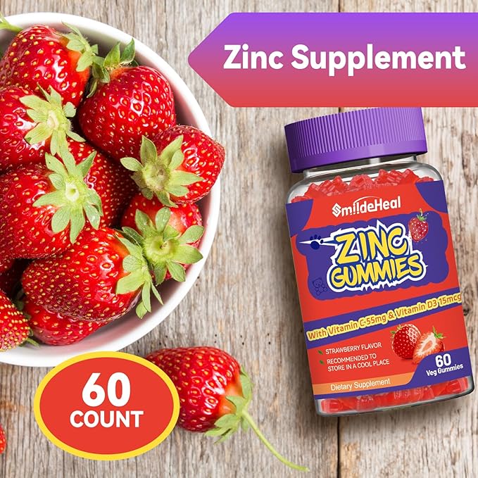 Zinc Gummies, Zinc 50mg, Zinc Citrate, with Vitamin C, Vitamin D3, Non-GMOs, Gluten Free, Strawberry Flavor Gummies, 60 Count (Pack of 2)