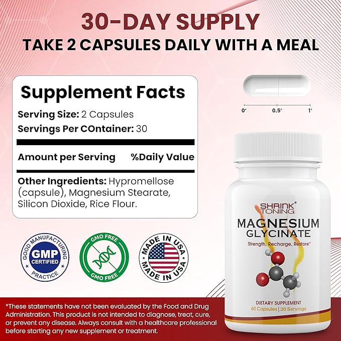 Shrink Magnesium Glycinate – High Absorption Magnesium Supplement – Supports Muscle Function – 60 Capsules