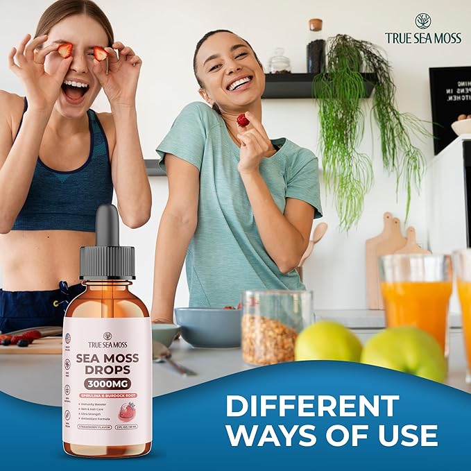 Irish Sea Moss Drops - 5X Stronger Than Sea Moss Gel - 92+ Essentials Minerals - with Spirulina Powder, Burdock Root & Black Cumin - 2 Fl Oz (60ml) - Strawberry Flavor