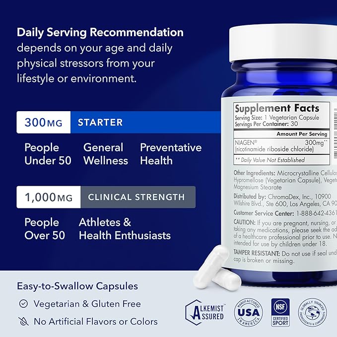 TRU NIAGEN Patented NAD Supplement for Anti Aging and Cell Regeneration, 300mg Niagen, 30 Servings | Supports Cellular Energy, Brain, Muscle | Nicotinamide Riboside (NR) Take 1 Daily | 2 Bottles