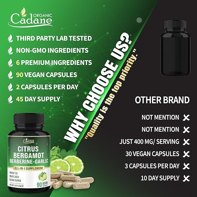 Organic Cadane Citrus Bergamot Supplement with Berberine, Garlic, Green Tea, Grape Seed & Black Pepper | Wellness & Vitality Support | Vegan, Non-GMO – 90 Capsules – 45-Day Supply