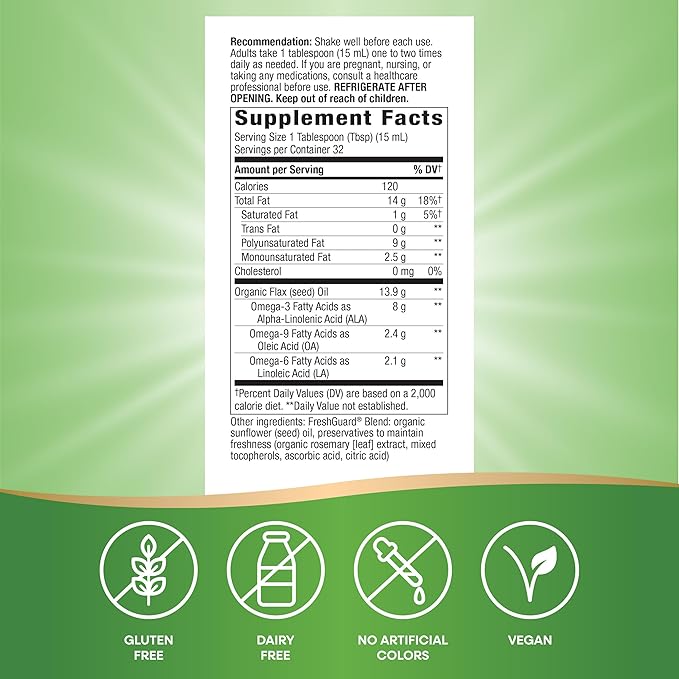 Nature's Way Organic Flax Oil, USDA Certified Organic, Omega-3, 6, 9, Cold Pressed, 16 Fl Oz (Packaging May Vary)