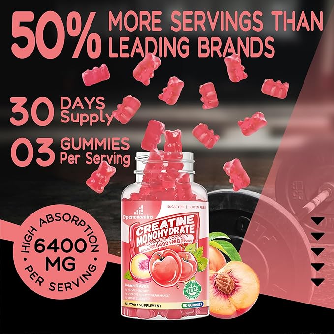Creatine Monohydrate Gummies Complex for Men & Women -Advanced Formula W/L-Taurine + Vitamin B12, Sugar Free Chewable Supplement,90 Peach Gummies