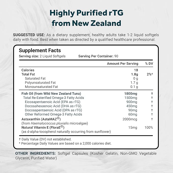 Ultimate rTG Omega 3 Fish Oil 1800mg from Wild New Zealand Tuna - Full Spectrum Omega3s EPA, DHA & DPA - Sustainably Sourced, Non-GMO, Gluten Free - 180 Softgels