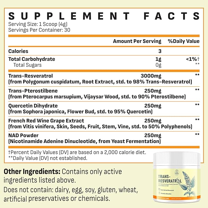 Trans-Resveratrol Powder Supplement with Red Wine Extract, Quercetin, Pterostilbene & NAD, 4.23 OZ, 30-Day Serving