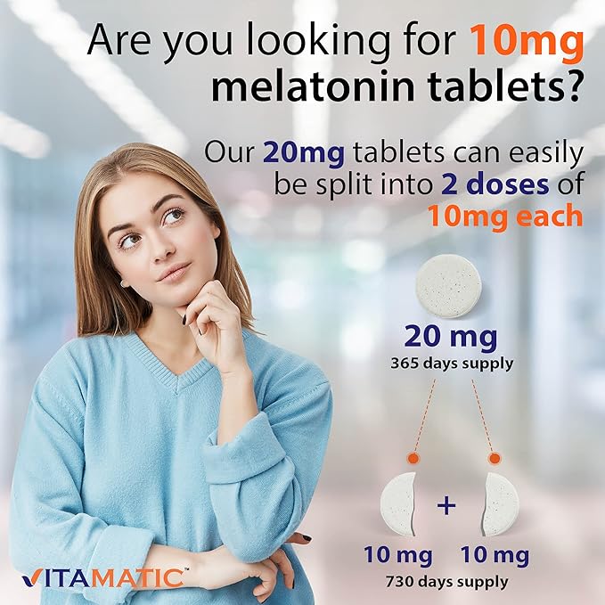 Vitamatic Melatonin 20 mg Tablets | Vegetarian, Non-GMO, Gluten Free | 1 Year Supply | Natural Berry Flavor - 365 Tablets