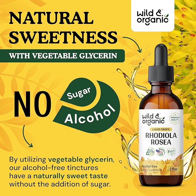 Wild & Organic Rhodiola Rosea Tincture - Mood Support - Relaxing Rhodiola Supplement - Root Extract Liquid Drops - Vegan, Sugar & Alcohol-Free - 2 fl oz