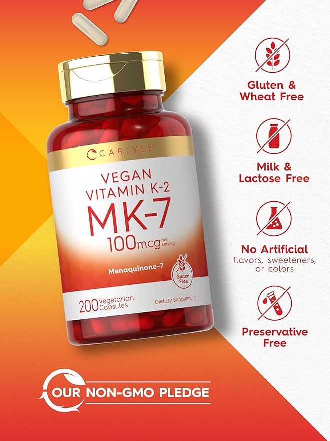 Carlyle Vitamin K2 MK7 Supplement | 100 mcg | 200 Vegan Capsules | Menaquinone-7 | Non-GMO, Gluten Free