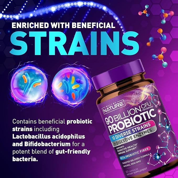 90 Billion CFU Probiotic - Daily Digestive Gut Health Supplement for Men & Women - Lactobacillus acidophilus, Bifidobacterium & Prebiotics - Non-GMO, Gluten & Dairy Free, Shelf-Stable - 60 Capsules