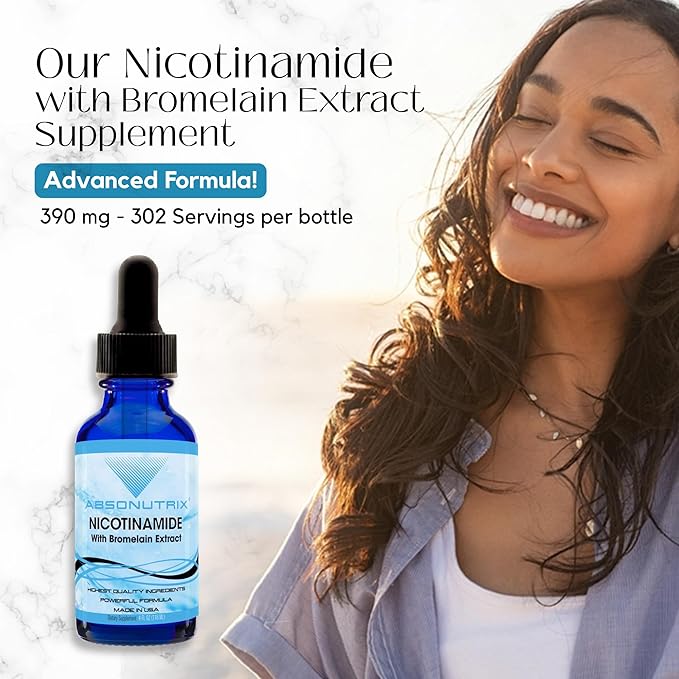Absonutrix Nicotinamide with Bromelain Extract Advanced Formula 390 mg, 4 Oz Liquid, 302 Servings, Made in USA, Quick Absorption, Quality Potent Ingredients, Non-GMO, GMP Certified Facility