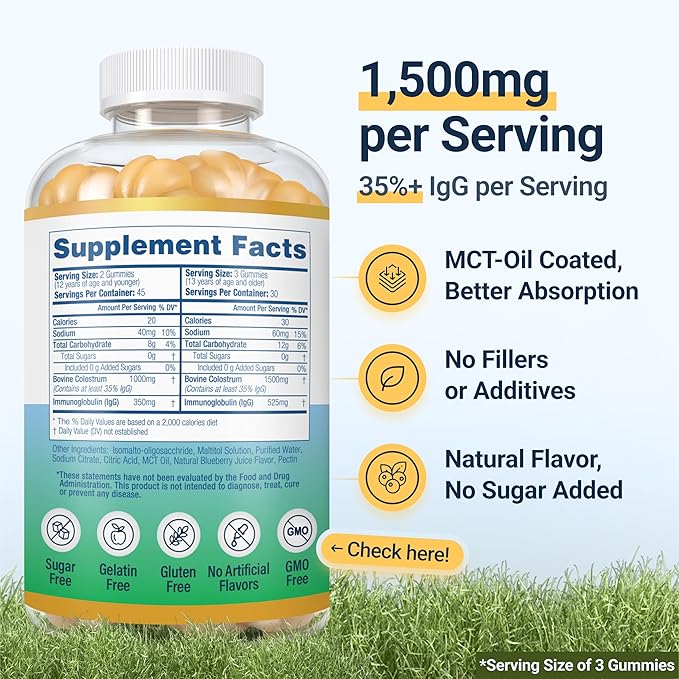 Sugar-Free Colostrum Gummies (1500mg) Bovine Colostrum for Humans, Grass-Fed Supplement for Gut Health, Leaky Gut Repair, Immune Support, Skin Health - 35% IgG Per Serving