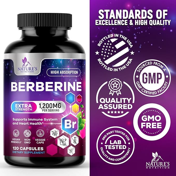 Premium Berberine HCL 1200mg Supplement - Berberine HCI Capsules High Absorption Supplement for Heart Health & Immune Support, High Strength, Gluten-Free, Vegan, Non-GMO Pills - 120 Veggie Capsules