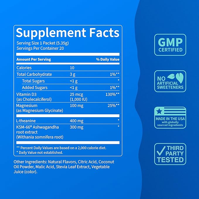 Supercalm Drink Mix - Ashwagandha KSM 66, Magnesium Glycinate & L-Theanine Supplement, Vitamin D3 - Ashwagandha Root Extract - Focus and Relaxation Support (20 Travel Packets) - Strawberries & Cream