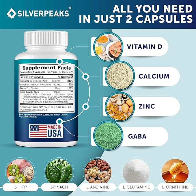 Growth Capsules to Grow Taller - Height Growth Maximizer with Calcium for Bone Strength - Made in USA - Natural Get Taller Supplement to Increase Bone Growth - Pack of 2