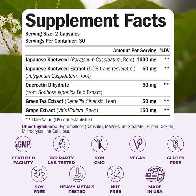 Japanese Knotweed Capsules - Resveratrol Supplement with 1000mg Japanese Knotweed, Green Tea Extract, Quercetin, Grape Extract. Potent Antioxidant for Healthy Aging & Cardiovascular Support. 60 Caps