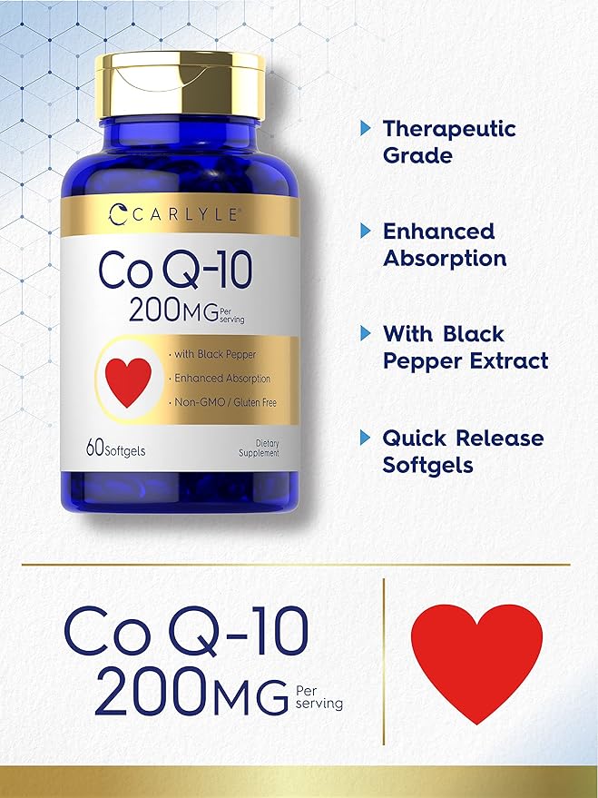 Carlyle CoQ10 200mg Softgels | 60 Count | with Black Pepper | Enhanced Absorption | Non-GMO, Gluten Free Supplement