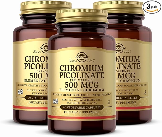Solgar Chromium Picolinate 500 mcg - 60 Vegetable Capsules, Pack of 3 - Supports Sugar, Fat & Protein Metabolism - Non-GMO, Gluten Free, Kosher - 90 Total Servings