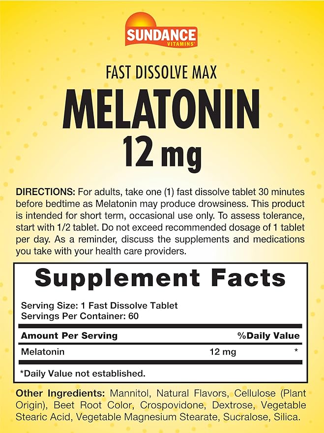 Sundance Melatonin 12mg | 60 Fast Dissolve Tablets | Natural Berry Flavor | Vegetarian, Non-GMO, and Gluten Free Supplement